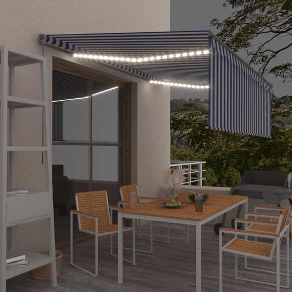 Manuell markis med rullgardin och LED 4,5x3m blå/vit