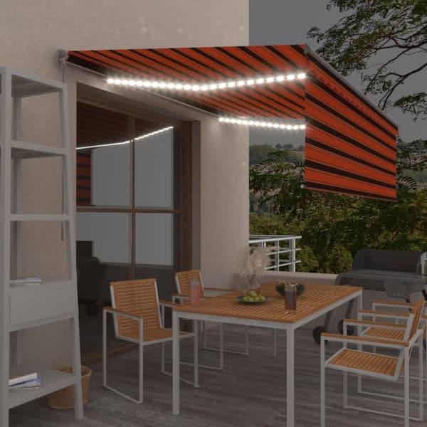 Manuell markis med rullgardin & LED 4x3 m orange/brun