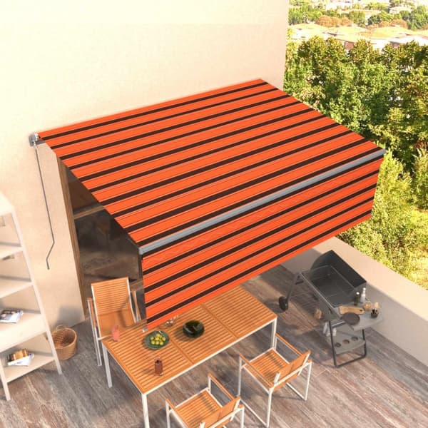 Manuell markis med rullgardin LED 4x3 m orange/brun