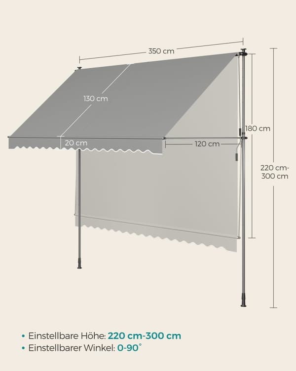 Rootz Clamp-markis med handvev - Solskyddstak - Infällbar utomhusmarkis - Aluminiumlegering - 350 cm x 120 cm - Grå