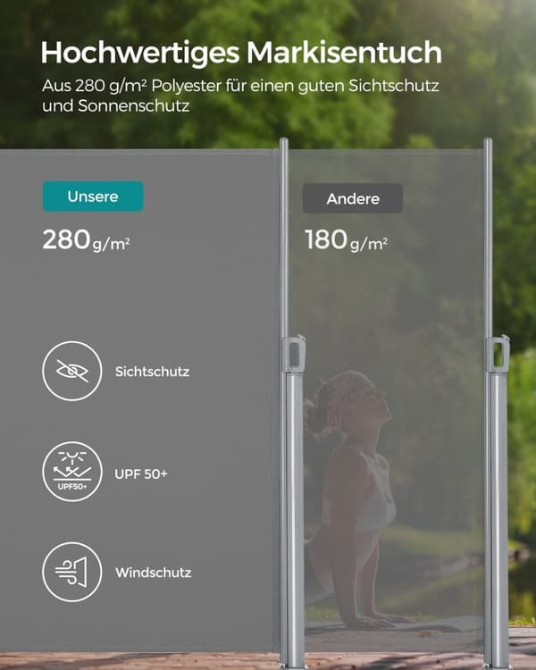 Rootz Jatkettava sivumarkiisi - Aurinkoverho - Privacy Screen - Alumiiniseos - 180cm x 400cm - Harmaa - UV-kestävä - 11,3kg