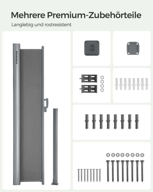 Rootz Jatkettava sivumarkiisi - Aurinkoverho - Privacy Screen - Alumiiniseos - 180cm x 400cm - Harmaa - UV-kestävä - 11,3kg