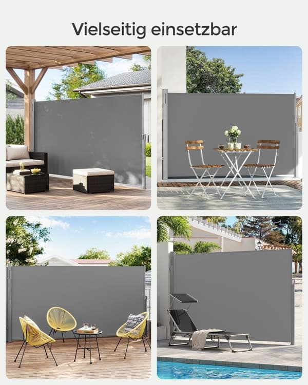 Rootz Jatkettava sivumarkiisi - Aurinkoverho - Privacy Screen - Alumiiniseos - 180cm x 400cm - Harmaa - UV-kestävä - 11,3kg
