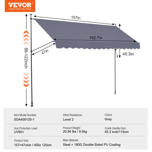 Fällbar Terrassmarkis, UV80+ Solskydd, Manuell Vevarm,157x47 tum