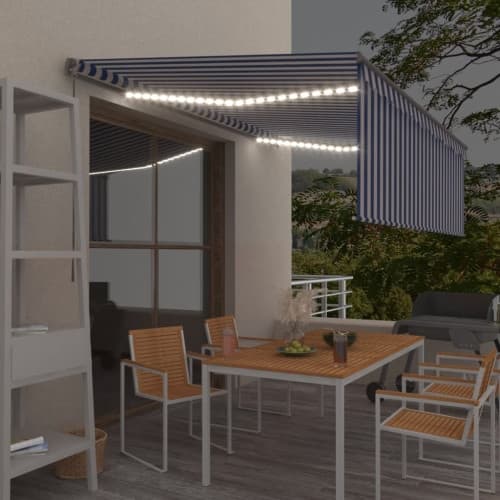 Manuell markis med rullgardin och LED 4,5x3m blå/vit