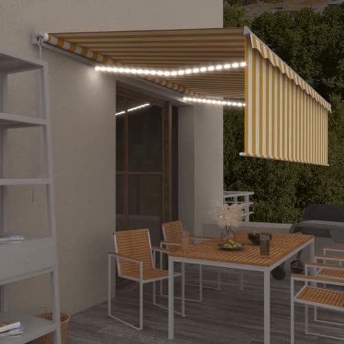 Manuell markis med rullgardin och LED 5x3 m gul och vit