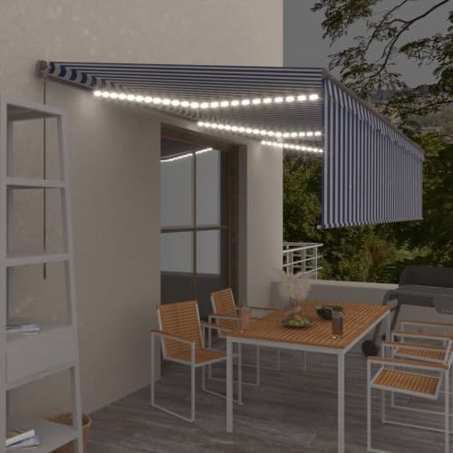 Manuell markis med rullgardin LED 6x3m blå/vit