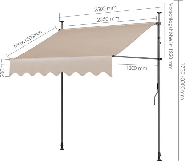 Balkonmarkise, Justerbar Højde 200-300 cm, UV-bestandigt Stof,250 x 120cm Khaki