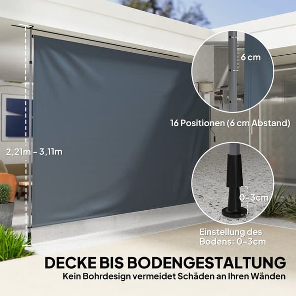 Rootz Klemmmarkise med håndsving - Justerbar fælles armmarked - Solbeskyttelse - UPF30+ - 350 cm x 221-311 cm - Grå