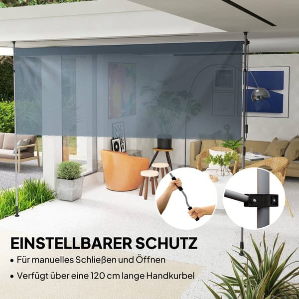 Rootz Klemmmarkise med håndsving - Justerbar fælles armmarked - Solbeskyttelse - UPF30+ - 350 cm x 221-311 cm - Grå