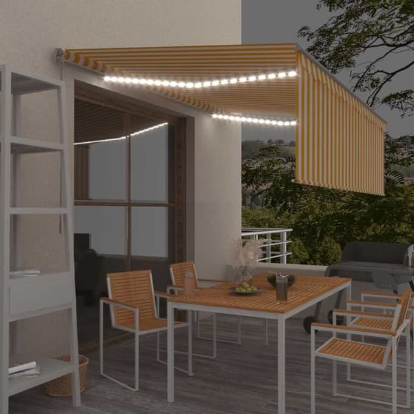 Manuell markis med rullgardin & LED 4x3 m gul och vit