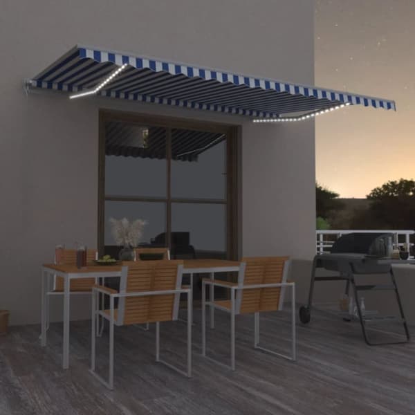 Markis manuellt infällbar med LED 500x350 cm blå och vit