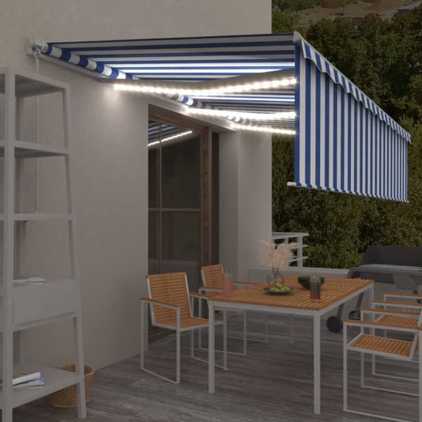 Manuell markis med rullgardin LED 6x3m blå/vit