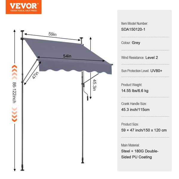 Retractable Patio Awning, UV80+ Solbeskyttelse, Manuel Krankhåndtag,59x47 tommer