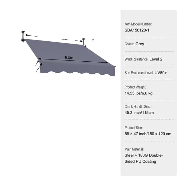 Retractable Patio Awning, UV80+ Solbeskyttelse, Manuel Krankhåndtag,59x47 tommer