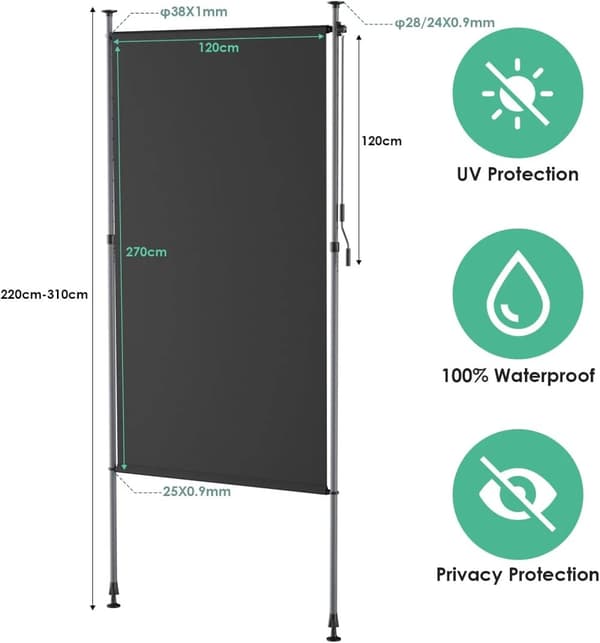 Manuel Utrækkelig Markise, UV-Beskyttelse, 100% Vandtæt,120 x 270 cm