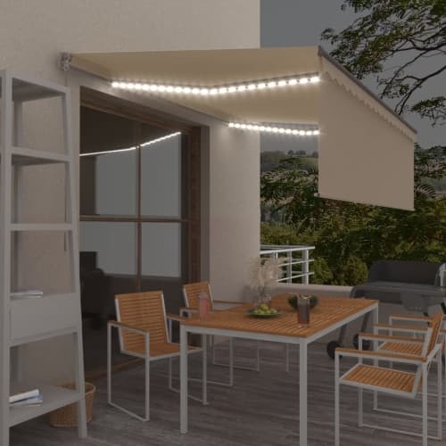 Manuell markis med rullgardin och LED 4x3m gräddvit