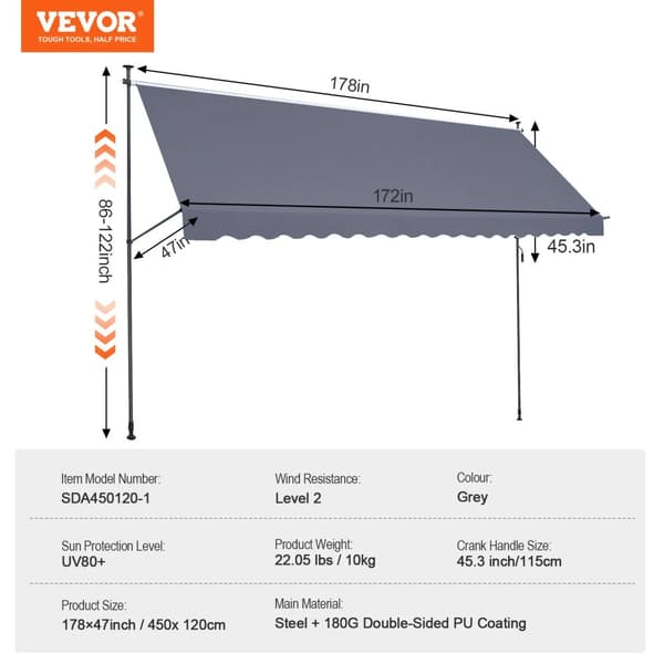 Retractable Patio Awning, UV80+ Solbeskyttelse, Manuel Krankhåndtag,178x47 tommer