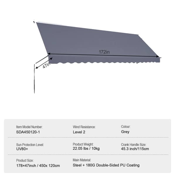 Retractable Patio Awning, UV80+ Solbeskyttelse, Manuel Krankhåndtag,178x47 tommer