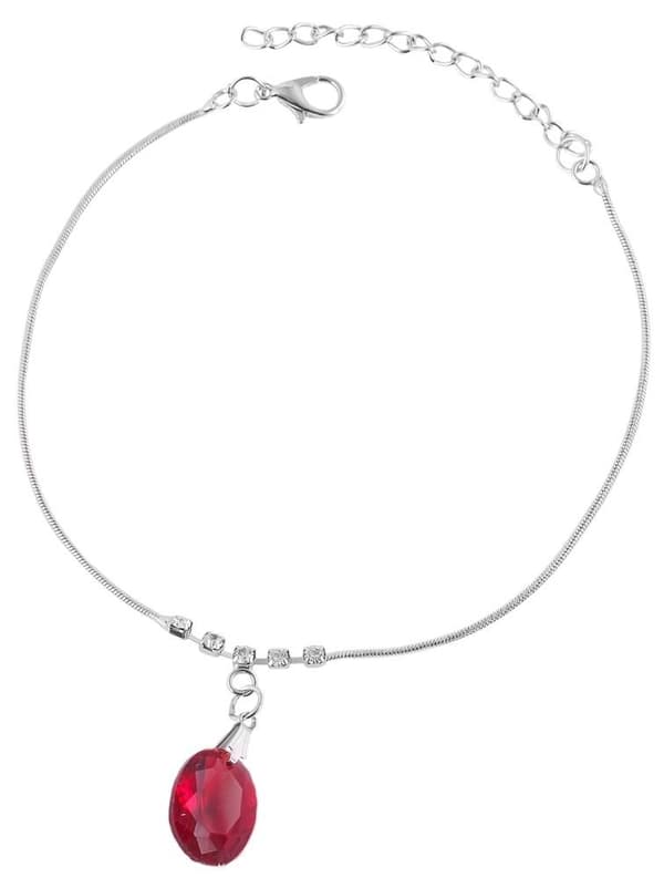 Silver Fotsmycke Fotlänk Vristlänk Fotkedja -Oval Röd Rhinestone