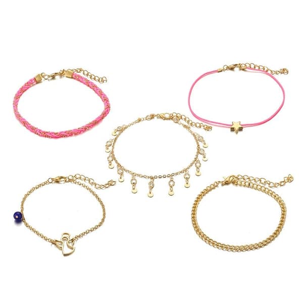 5 st Fotlänk Fotkedja Vristlänk Guld färg, Rosa, Ängel & Stjärna