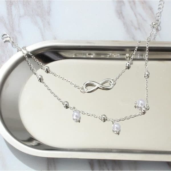 Ankelarmband - Dam - Silver - Legering - Justerbar - Pärlor
