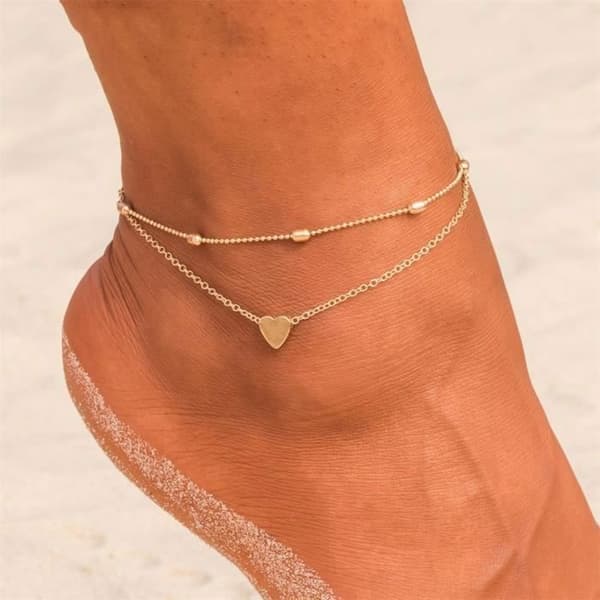 Dubbel Lager Kärlek Hjärta Charm Kedja Fotled Kvinnors Sandal Barfota Fotled Armband Present AT1213