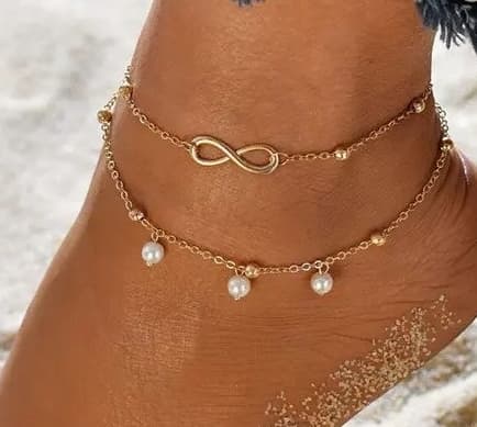 Guld Fotsmycke Fotlänk Vristlänk Fotkedja - Enkel Kedja med Infinity, Kulor & Vita Pärlor