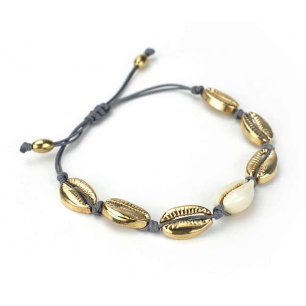 Fotsmycke Fotlänk Vristlänk Fotkedja samt Armband - Snäckor i Guld & Vitt med Grå Tråd