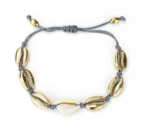 Fotsmycke Fotlänk Vristlänk Fotkedja samt Armband - Snäckor i Guld & Vitt med Grå Tråd