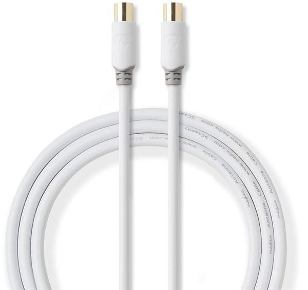 Nedis Koaxialkabel | IEC (Koax) Hane | IEC (Koax) Hona | Guldplaterad | 100 dB | 75 Ohm | Dubbelskärmad | 10.0 m | Rund | PVC | Vit | Låda
