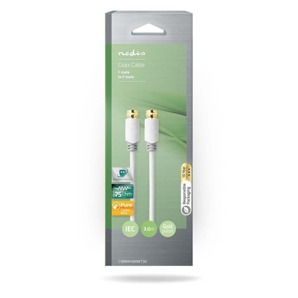 Nedis Satellite & Antenn kabel | F Hane | F Hane | Guldplaterad | 75 Ohm | Enskaligt skydd | 2.00 m | Rund | PVC | Vit | Låda