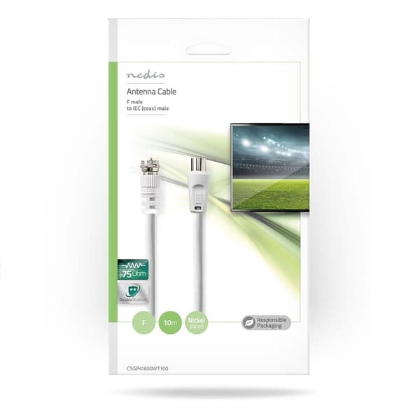 Nedis Satellite & Antenn kabel | F Hane | IEC (Koax) Hane | Nickelplaterad | 30 dB | 75 Ohm | Dubbelskärmad | 10.0 m | Rund | PVC | Vit | Kuvert
