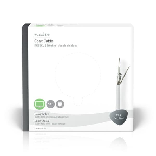 Nedis Tale Kabel på Snelle | RG58C/U | 50 Ohm | Dobbelt skjermet | ECA | 50.0 m | Koax | PVC | Hvit | Gaveeske