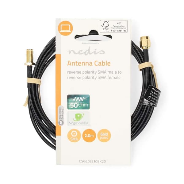 Nedis Antennekabel | RP SMA Han | RP SMA Hun | Gull belagt | 50 Ohm | Singel Skjermet | 2.00 m | Rund | PVC | Sort | Label