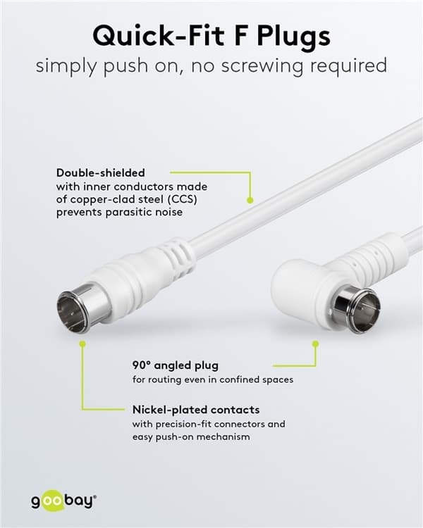 Goobay Vinklad SAT-antennkabel (80 dB), dubbelskärmad F-plugg (quick) > F-plugg (quick) 90° (helt avskärmad)