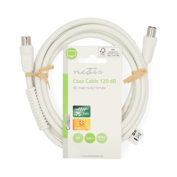 Nedis Koaksiaalikaapeli | IEC (Coax) Uros | IEC (Coax) Naaras | Niklattu | 120 dB | 75 Ohm | Nelinkertainen suojaus | 2.00 m | Pyöreä | PVC | Valkoine