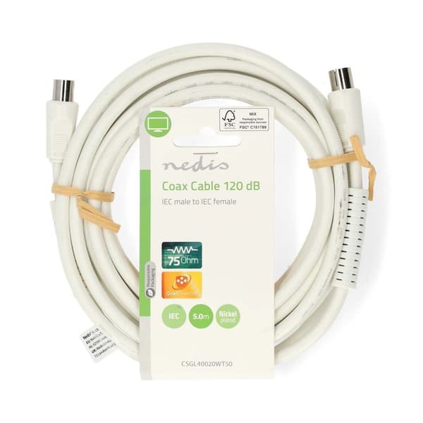 Nedis Coax Cable | IEC (Coax) Han | IEC (Coax) Hun | Nikkelplateret | 120 dB | 75 Ohm | Quad Skærmet | 5.00 m | Runde | PVC | Hvid | Label