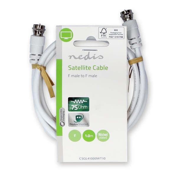 Nedis Satellit & Antennekabel | F Han Quick | F Han Quick | Nikkelplateret | 75 Ohm | Dobbelt afskærmet | 1.00 m | Runde | PVC | Hvid | Label