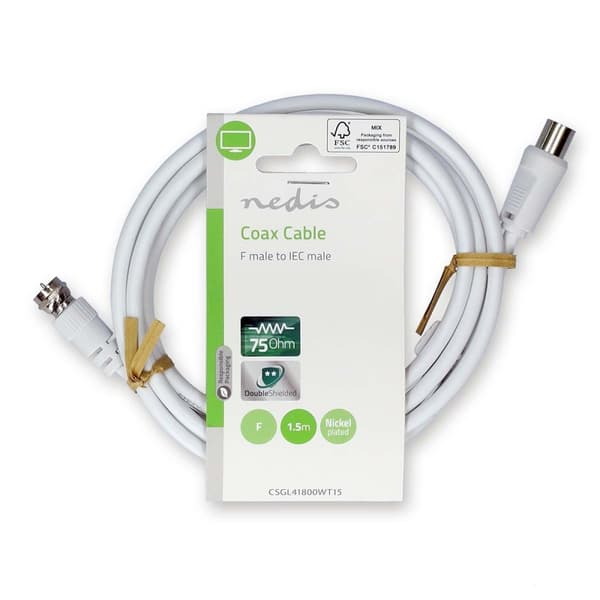 Nedis Satellit & Antennekabel | F Han Quick | IEC (Coax) Han | Nikkelplateret | 75 Ohm | Dobbelt afskærmet | 1.50 m | Runde | PVC | Hvid | Label