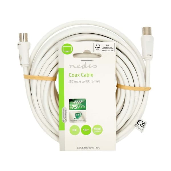 Nedis Coax Cable | IEC (Coax) Han | IEC (Coax) Hun | Nikkel belagt | 90 dB | 75 Ohm | Dobbelt skjermet | 10.0 m | Rund | PVC | Hvit | Label