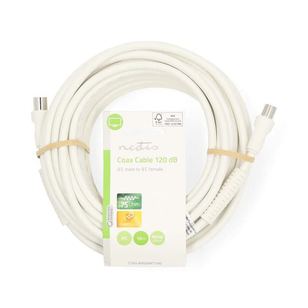 Nedis Coax Cable | IEC (Coax) Han | IEC (Coax) Hun | Nikkelplateret | 120 dB | 75 Ohm | Quad Skærmet | 10.0 m | Runde | PVC | Hvid | Label