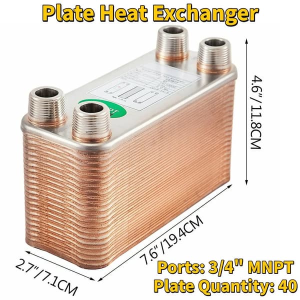 Pladevarmeveksler, 3/4" MNPT porte, kompakt design,40 Plader