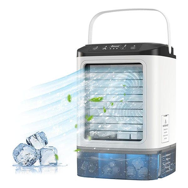 OBOSOE kannettava ilmanjäähdytin 4-in-1 – Mini AC 900 ml:n vesisäiliöllä, tuulettimella ja ilmankostuttimella, 3 tuulitilaa