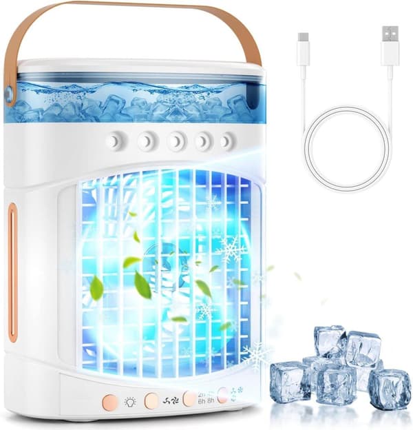 OBOSOE Mini luftkøler 4-i-1 med 600 ml vandtank – Mini klimaanlæg til soveværelse, kontor, bil og camping Hvid