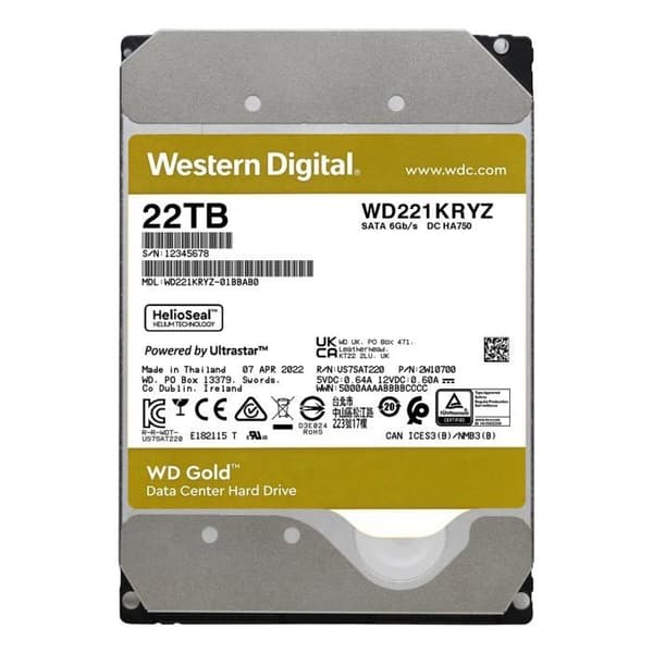 Hårddisk - Western Digital - WD Gold - 22TB - intern - 3,5 tum - SATA 6Gb/s