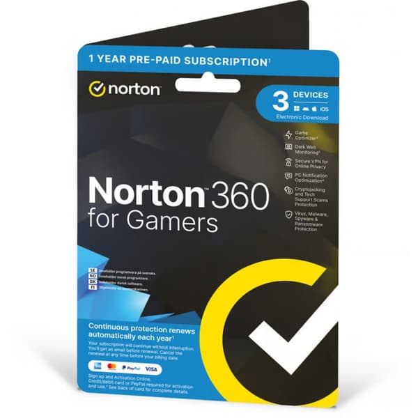 Norton 360 for Gamers antivirus och internetskydd för 3 enheter i 1 år