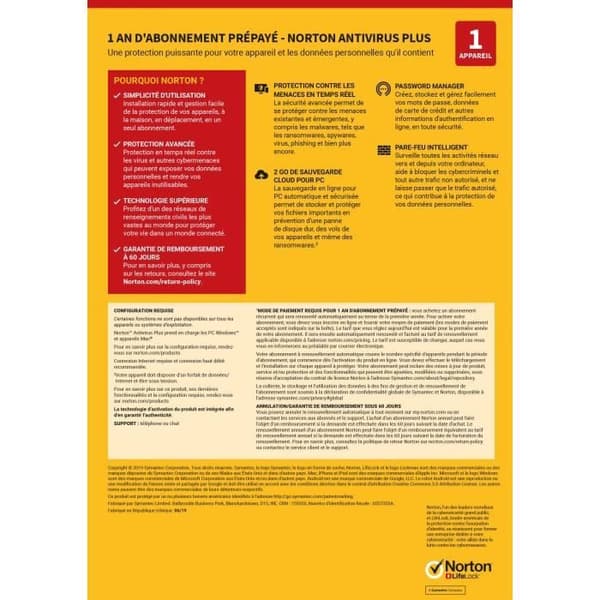 NORTON Antivirus Plus 2 GB FR 1 Användare 1 Enhet - 12 MB STD RET ENR MM