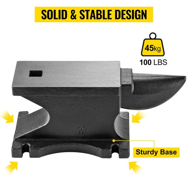 45kg städ med 3x 3cm fyrkantshål och hörn, 26,5x12,7cm stor arbetsyta, gjutjärnsstruktur, poleringsbehandling, robust och stabil