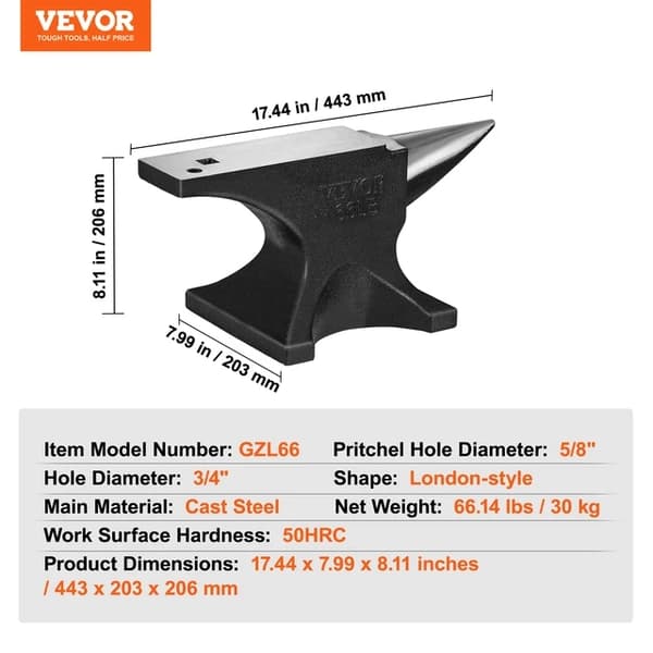 Ambolt, Konstruktion af støbejern, Rundt Horn Design, 66,14lbs 30kg